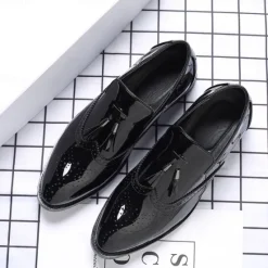 Best OUKU Men's Patent Leather Tassel Loafers – Sleek Formal Dress Shoes with Brogue Detailing Black