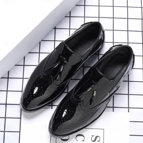 Best OUKU Men's Patent Leather Tassel Loafers – Sleek Formal Dress Shoes with Brogue Detailing Black