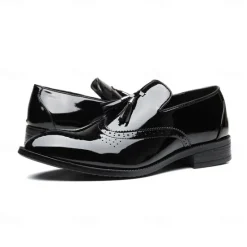 Best OUKU Men's Patent Leather Tassel Loafers – Sleek Formal Dress Shoes with Brogue Detailing Black