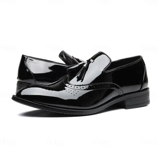 Best OUKU Men's Patent Leather Tassel Loafers – Sleek Formal Dress Shoes with Brogue Detailing Black