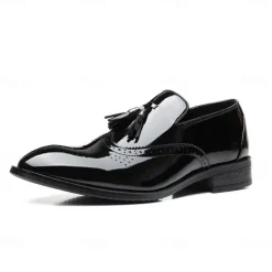 Best OUKU Men's Patent Leather Tassel Loafers – Sleek Formal Dress Shoes with Brogue Detailing Black
