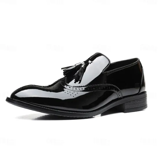 Best OUKU Men's Patent Leather Tassel Loafers – Sleek Formal Dress Shoes with Brogue Detailing Black