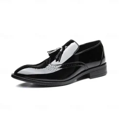 Best OUKU Men's Patent Leather Tassel Loafers – Sleek Formal Dress Shoes with Brogue Detailing Black