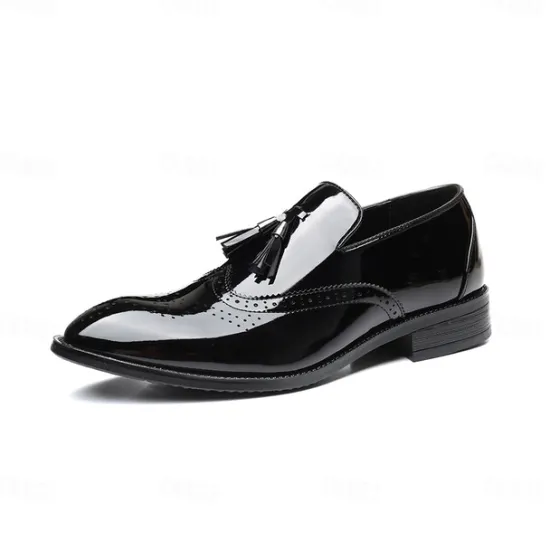 Best OUKU Men's Patent Leather Tassel Loafers – Sleek Formal Dress Shoes with Brogue Detailing Black