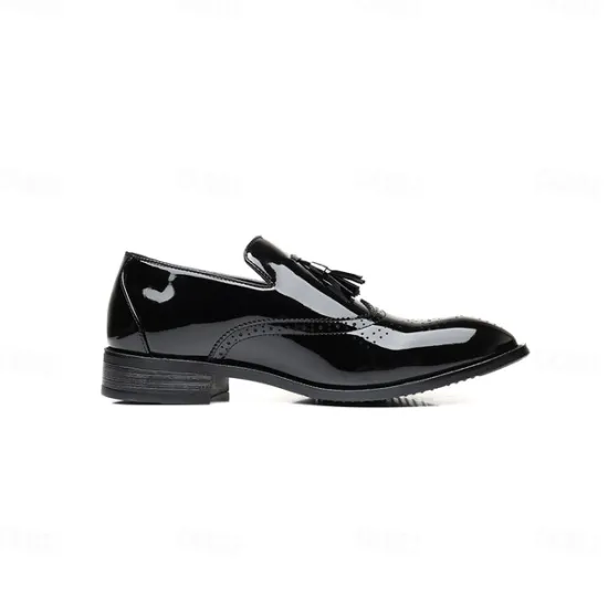 Best OUKU Men's Patent Leather Tassel Loafers – Sleek Formal Dress Shoes with Brogue Detailing Black