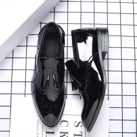 Best OUKU Men's Patent Leather Tassel Loafers – Sleek Formal Dress Shoes with Brogue Detailing Black