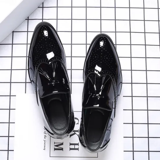Best OUKU Men's Patent Leather Tassel Loafers – Sleek Formal Dress Shoes with Brogue Detailing Black