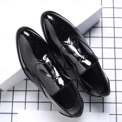 Best OUKU Men's Patent Leather Tassel Loafers – Sleek Formal Dress Shoes with Brogue Detailing Black
