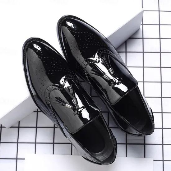 Best OUKU Men's Patent Leather Tassel Loafers – Sleek Formal Dress Shoes with Brogue Detailing Black