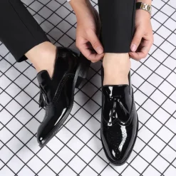 Best OUKU Men's Patent Leather Tassel Loafers – Sleek Formal Dress Shoes with Brogue Detailing Black
