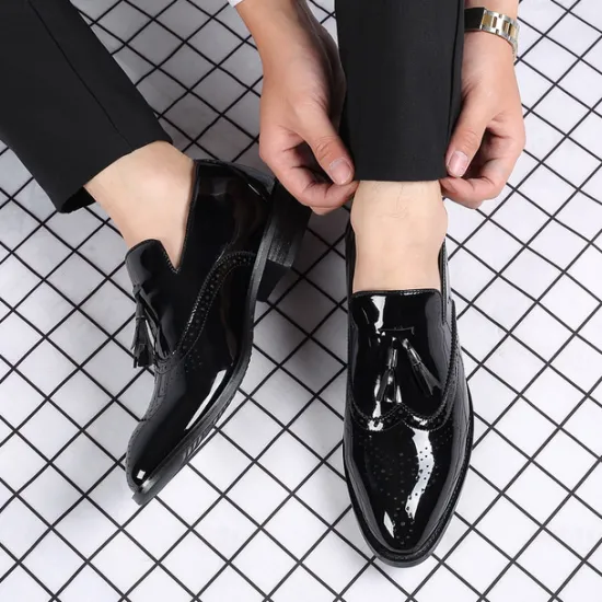 Best OUKU Men's Patent Leather Tassel Loafers – Sleek Formal Dress Shoes with Brogue Detailing Black
