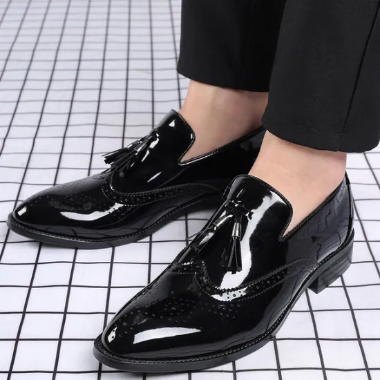 Best OUKU Men's Patent Leather Tassel Loafers – Sleek Formal Dress Shoes with Brogue Detailing Black