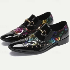 Clearance OUKU Men's Patent Leather Loafers with Gold Tip Floral and Metal Buckle–Premium Cowhide Formal Shoes for Weddings, Parties, and Special Occasions Black