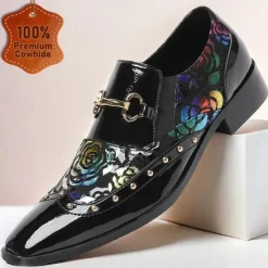 Clearance OUKU Men's Patent Leather Loafers with Gold Tip Floral and Metal Buckle–Premium Cowhide Formal Shoes for Weddings, Parties, and Special Occasions Black