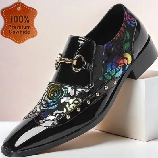 Clearance OUKU Men's Patent Leather Loafers with Gold Tip Floral and Metal Buckle–Premium Cowhide Formal Shoes for Weddings, Parties, and Special Occasions Black
