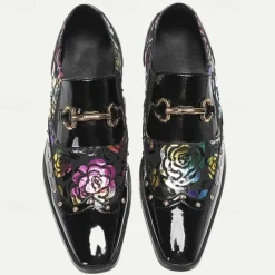 Clearance OUKU Men's Patent Leather Loafers with Gold Tip Floral and Metal Buckle–Premium Cowhide Formal Shoes for Weddings, Parties, and Special Occasions Black