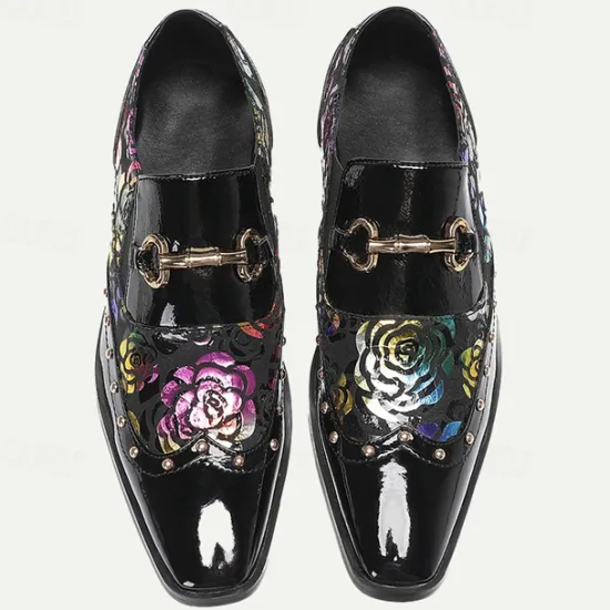 Clearance OUKU Men's Patent Leather Loafers with Gold Tip Floral and Metal Buckle–Premium Cowhide Formal Shoes for Weddings, Parties, and Special Occasions Black