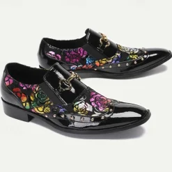 Clearance OUKU Men's Patent Leather Loafers with Gold Tip Floral and Metal Buckle–Premium Cowhide Formal Shoes for Weddings, Parties, and Special Occasions Black