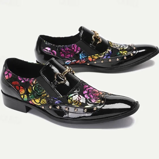 Clearance OUKU Men's Patent Leather Loafers with Gold Tip Floral and Metal Buckle–Premium Cowhide Formal Shoes for Weddings, Parties, and Special Occasions Black