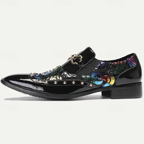 Clearance OUKU Men's Patent Leather Loafers with Gold Tip Floral and Metal Buckle–Premium Cowhide Formal Shoes for Weddings, Parties, and Special Occasions Black