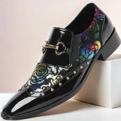 Clearance OUKU Men's Patent Leather Loafers with Gold Tip Floral and Metal Buckle–Premium Cowhide Formal Shoes for Weddings, Parties, and Special Occasions Black