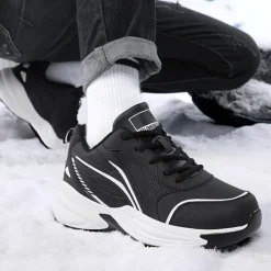 Hot OUKU Men's Black Running Sneakers with Fur Lining, Winter Warm Athletic Shoes for Outdoor Sports and Casual Wear