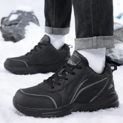 Hot OUKU Men's Black Running Sneakers with Fur Lining, Winter Warm Athletic Shoes for Outdoor Sports and Casual Wear