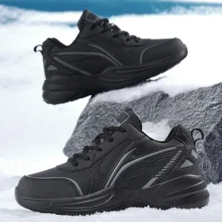 Hot OUKU Men's Black Running Sneakers with Fur Lining, Winter Warm Athletic Shoes for Outdoor Sports and Casual Wear