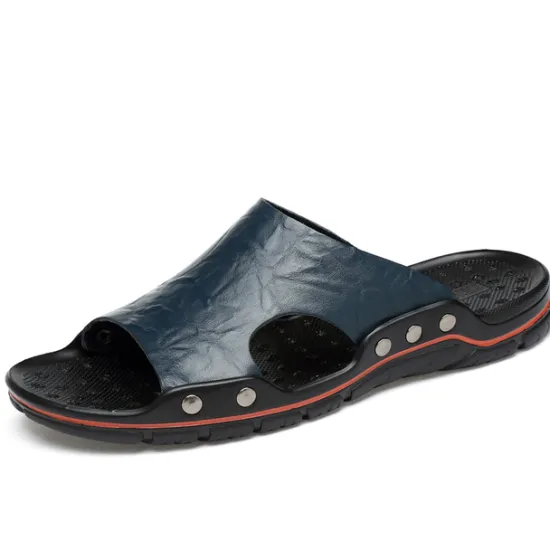 Best OUKU Men's Black Slip-On Leather Sandals – Casual Open-Toe Beach Slides with Studded Design and Comfortable Sole