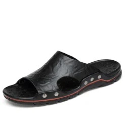 Best OUKU Men's Black Slip-On Leather Sandals – Casual Open-Toe Beach Slides with Studded Design and Comfortable Sole