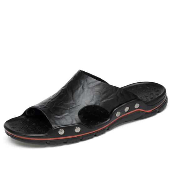 Best OUKU Men's Black Slip-On Leather Sandals – Casual Open-Toe Beach Slides with Studded Design and Comfortable Sole