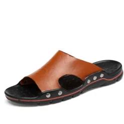Best OUKU Men's Black Slip-On Leather Sandals – Casual Open-Toe Beach Slides with Studded Design and Comfortable Sole