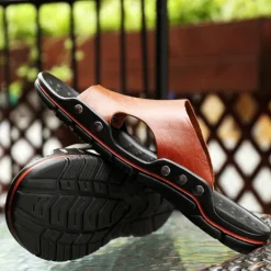 Best OUKU Men's Black Slip-On Leather Sandals – Casual Open-Toe Beach Slides with Studded Design and Comfortable Sole