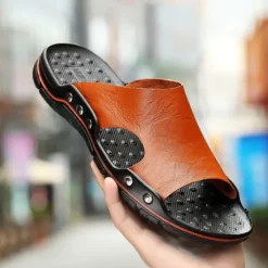 Best OUKU Men's Black Slip-On Leather Sandals – Casual Open-Toe Beach Slides with Studded Design and Comfortable Sole