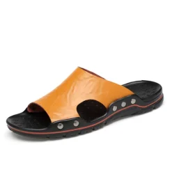 Best OUKU Men's Black Slip-On Leather Sandals – Casual Open-Toe Beach Slides with Studded Design and Comfortable Sole