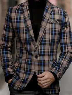 Clearance OUKU Men's Blazer Business Cocktail Party Wedding Party Fashion Casual Spring Autumn / Fall Polyester Plaid Pocket Buttons Comfortable Single Breasted Blazer Coffee