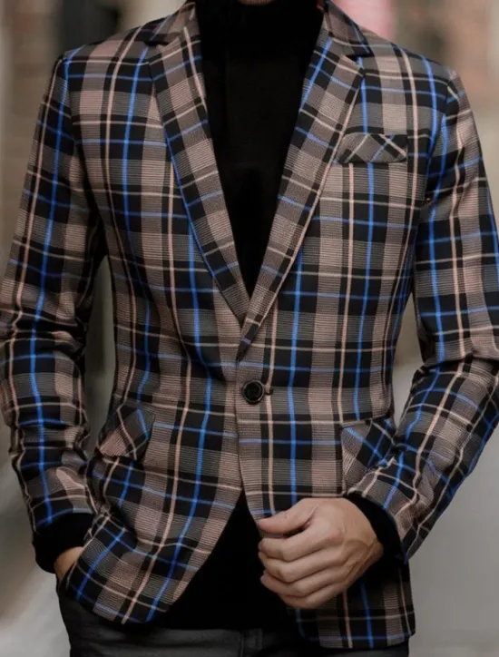 Clearance OUKU Men's Blazer Business Cocktail Party Wedding Party Fashion Casual Spring Autumn / Fall Polyester Plaid Pocket Buttons Comfortable Single Breasted Blazer Coffee