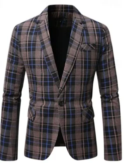 Clearance OUKU Men's Blazer Business Cocktail Party Wedding Party Fashion Casual Spring Autumn / Fall Polyester Plaid Pocket Buttons Comfortable Single Breasted Blazer Coffee