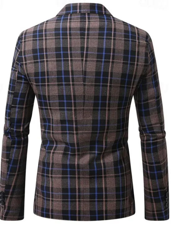 Clearance OUKU Men's Blazer Business Cocktail Party Wedding Party Fashion Casual Spring Autumn / Fall Polyester Plaid Pocket Buttons Comfortable Single Breasted Blazer Coffee