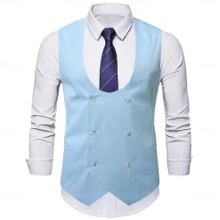 Discount OUKU Men's Blazer Business Cocktail Party Wedding Party Fashion Casual Spring & Fall Polyester Stripes Pocket Buttons Comfortable Double Breasted Blazer Black White Sky Blue