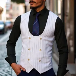 Discount OUKU Men's Blazer Business Cocktail Party Wedding Party Fashion Casual Spring & Fall Polyester Stripes Pocket Buttons Comfortable Double Breasted Blazer Black White Sky Blue