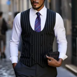 Discount OUKU Men's Blazer Business Cocktail Party Wedding Party Fashion Casual Spring & Fall Polyester Stripes Pocket Buttons Comfortable Double Breasted Blazer Black White Sky Blue