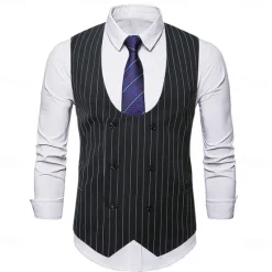 Discount OUKU Men's Blazer Business Cocktail Party Wedding Party Fashion Casual Spring & Fall Polyester Stripes Pocket Buttons Comfortable Double Breasted Blazer Black White Sky Blue