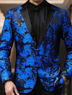 Clearance OUKU Men's Blazer Business Cocktail Party Wedding Party Party Spring & Fall Polyester Bronzing Pocket Buttons Comfortable Single Breasted Blazer Red Blue Purple Gold