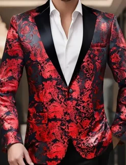 Clearance OUKU Men's Blazer Business Cocktail Party Wedding Party Party Spring & Fall Polyester Bronzing Pocket Buttons Comfortable Single Breasted Blazer Red Blue Purple Gold