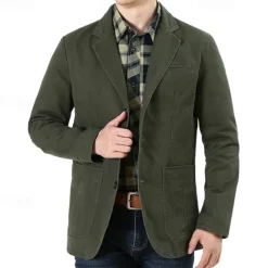 Outlet OUKU Men's Blazer Business Cocktail Party Wedding Party Fashion Casual Spring & Fall 100% Cotton Solid Color Pocket Buttons Comfortable Single Breasted Blazer Black Green khaki