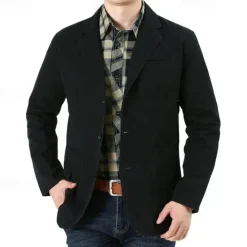 Outlet OUKU Men's Blazer Business Cocktail Party Wedding Party Fashion Casual Spring & Fall 100% Cotton Solid Color Pocket Buttons Comfortable Single Breasted Blazer Black Green khaki