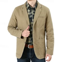 Outlet OUKU Men's Blazer Business Cocktail Party Wedding Party Fashion Casual Spring & Fall 100% Cotton Solid Color Pocket Buttons Comfortable Single Breasted Blazer Black Green khaki