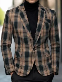 OUKU Men's Blazer Business Cocktail Party Wedding Party Fashion Casual Spring Autumn / Fall Polyester Plaid Pocket Buttons Comfortable Single Breasted Blazer Coffee