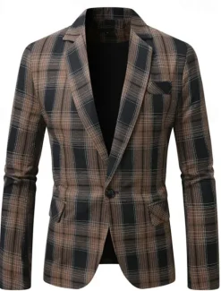 OUKU Men's Blazer Business Cocktail Party Wedding Party Fashion Casual Spring Autumn / Fall Polyester Plaid Pocket Buttons Comfortable Single Breasted Blazer Coffee
